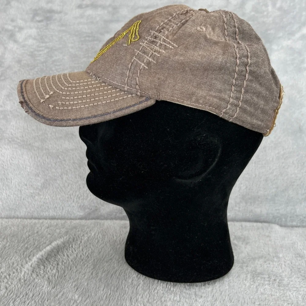 True Religion Brown Canvas Distressed Buddha Horseshoe Strapback Hat Cap Patch